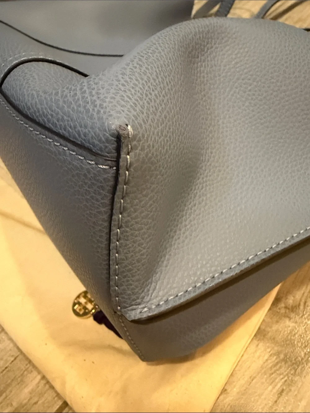 Tory Burch Perry Blue Leather Tote with Green Accent